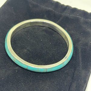 Wide Stone Bangle Bracelet, Light Turquoise. 925 Mexico Goldtone